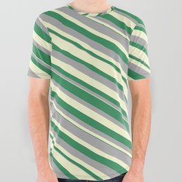 [ Thumbnail: Sea Green, Dark Grey & Light Yellow Colored Lines/Stripes Pattern All Over Graphic Tee ]
