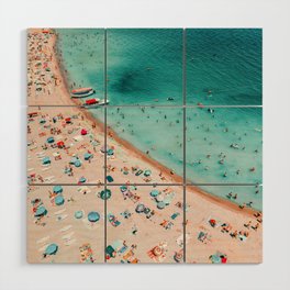 Ocean Pastel Aerial Beach Print, Beach Waves Art Print, Aerial Summer Pastel Beach Print, Beach Photography, People Umbrellas Art Print Wood Wall Art