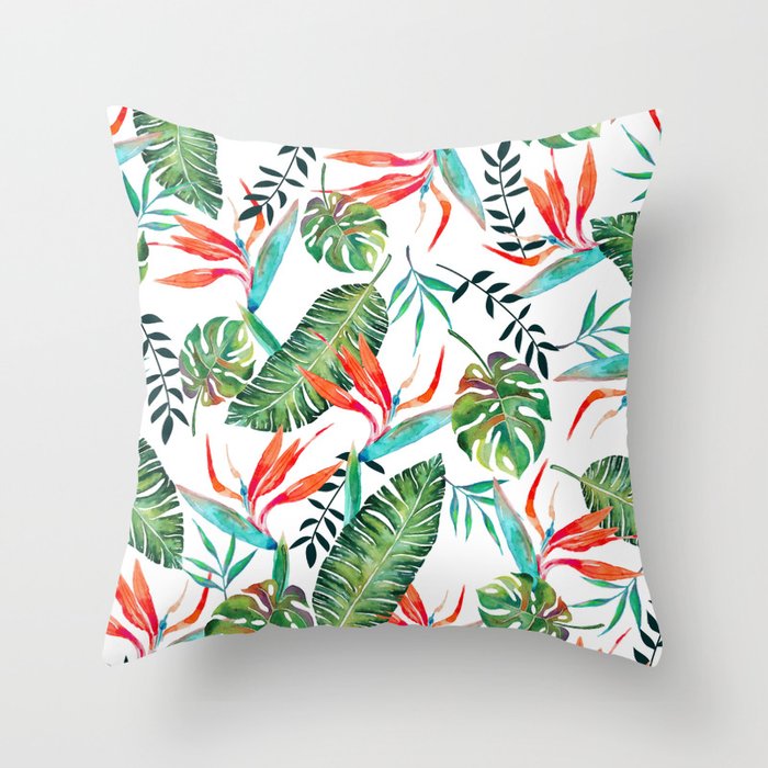 Bird Of Paradise Illustration, Jungle Banana Leaves Monstera Tropical Floral Painting Throw Pillow