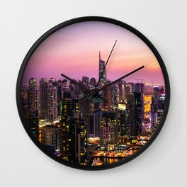 Skyline Jumeirah Lake Towers, Dubai, United Arab Emirates at Dusk Wall Clock