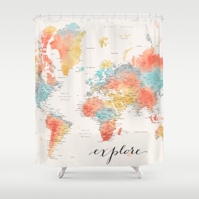 "Explore" - Colorful watercolor world map with cities Shower Curtain
