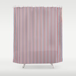 [ Thumbnail: Light Sky Blue, Beige & Red Colored Lined Pattern Shower Curtain ]