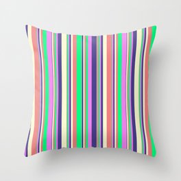 [ Thumbnail: Vibrant Light Coral, Green, Violet, Dark Slate Blue, and Light Yellow Colored Pattern of Stripes Throw Pillow ]