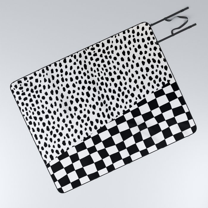 Dalmatian Spots Pattern with Checkered Stripe (black/white) Picnic Blanket