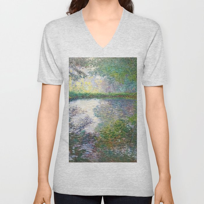 The Pond at Montgeron; autumn leaves mirrored reflection in pond landscape nature painting by Claude Monet V Neck T Shirt