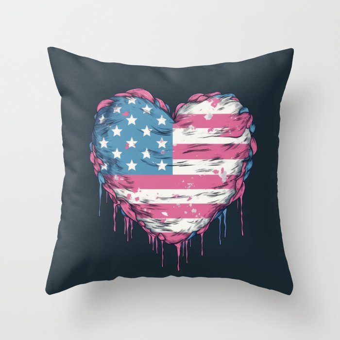 American Pride Tee - Trans Flag Colored Stars and Stripes Heart - Pink White and Blue - LGBTQIA - LGBTQ Throw Pillow