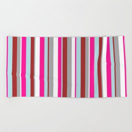 [ Thumbnail: Eye-catching White, Dark Gray, Brown, Powder Blue & Deep Pink Colored Lines/Stripes Pattern Beach Towel ]