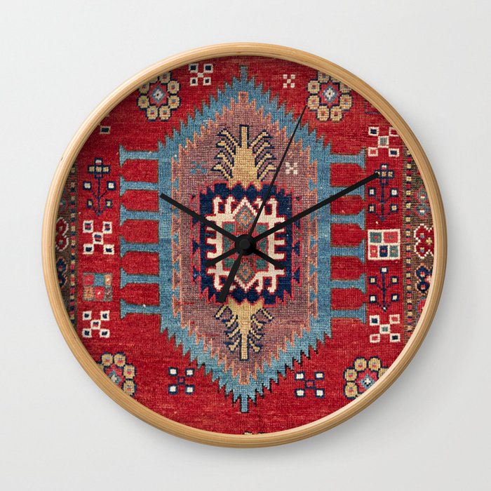 Tribal Honeycomb Palmette II // 19th Century Authentic Colorful Red Flower Accent Pattern Wall Clock