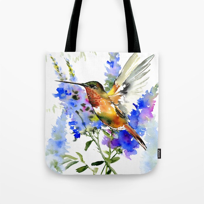Alen's Hummingbird and Blue Flowers, floral bird design birds, watercolor floral bird art Tote Bag
