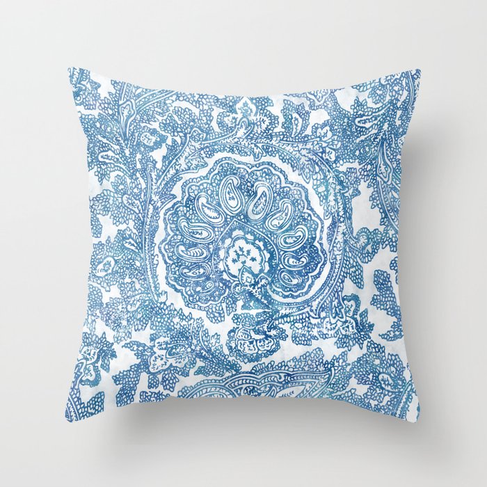 Blue Boho Paisley Pattern II Throw Pillow