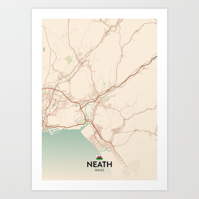 Neath, Wales - Vintage City Map Art Print