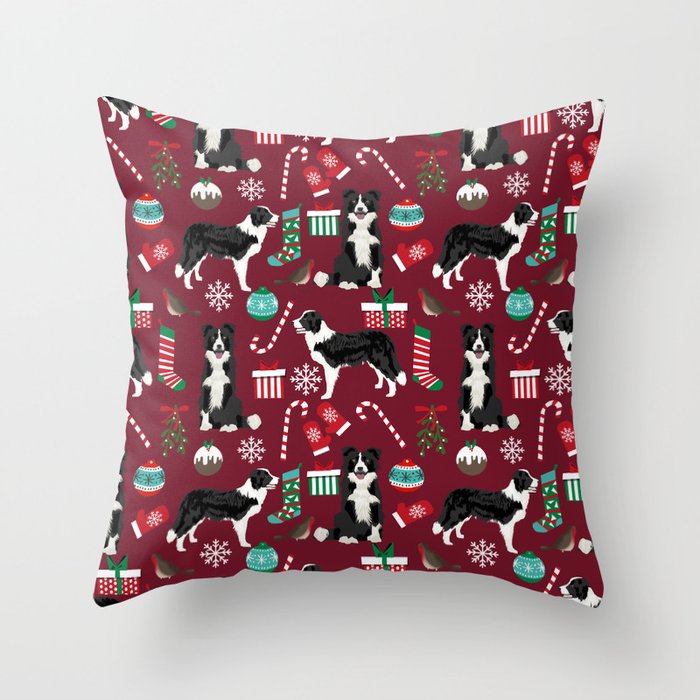 Border Collie christmas stockings presents holiday candy canes dog breed pattern Throw Pillow