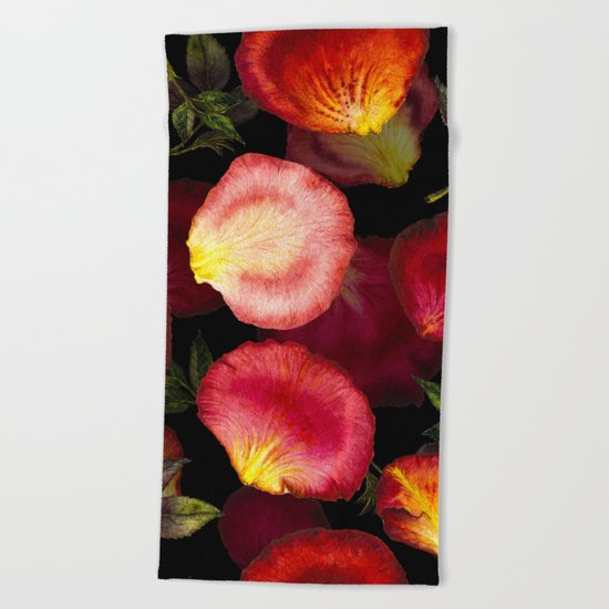 Rose Petal Pattern on Black 02 Beach Towel
