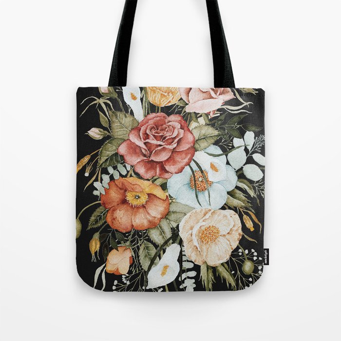 Roses and Poppies Bouquet on Charcoal Black Tote Bag by Shealeen Louise ...