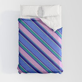 [ Thumbnail: Plum, Dark Cyan, Royal Blue, and Blue Colored Lined Pattern Comforter ]