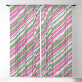 [ Thumbnail: Deep Pink, Light Grey, and Forest Green Colored Lines Pattern Sheer Curtain ]