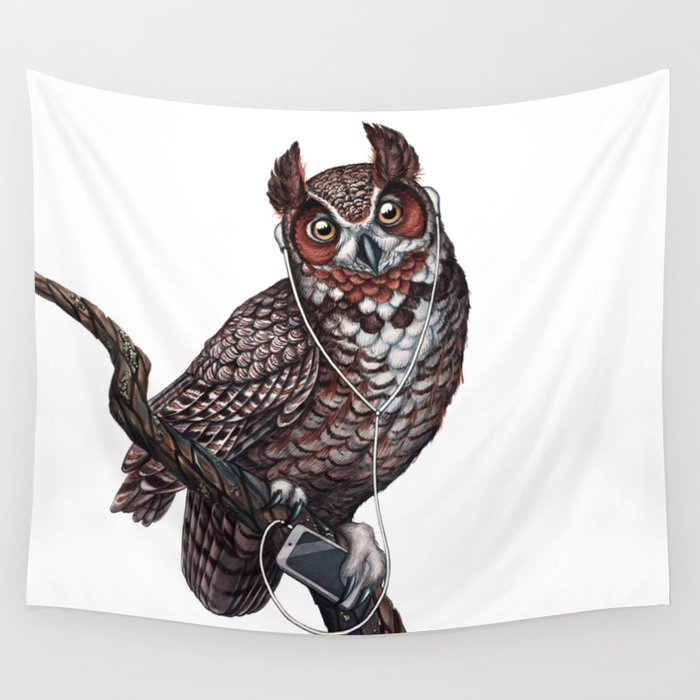 Great Horned Owl with Headphones Wall Tapestry