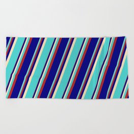 [ Thumbnail: Tan, Turquoise, Red & Blue Colored Lined Pattern Beach Towel ]