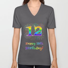[ Thumbnail: 12th Birthday - Fun Rainbow Spectrum Gradient Pattern Text, Bursting Fireworks Inspired Background V Neck T Shirt V-Neck T-Shirt ]