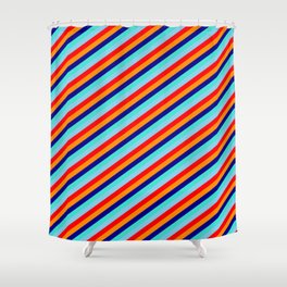 [ Thumbnail: Vibrant Sky Blue, Red, Dark Orange, Dark Blue, and Turquoise Colored Striped/Lined Pattern Shower Curtain ]
