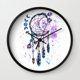 Dreamcatcher, Watercolor ink painting, amethyst rauchtopaz crystal,pasque-flower,moon phases, flowers magic illustration,witch decor Wall Clock