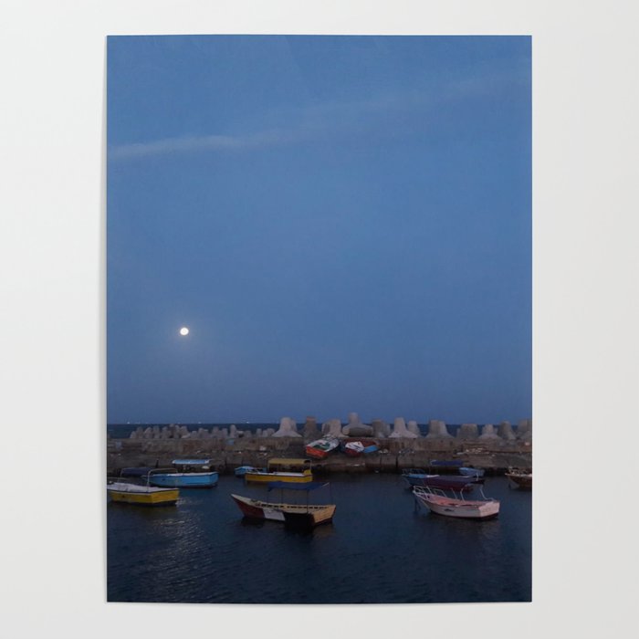 Sunrise at the sea shore - with small fishing boats Poster