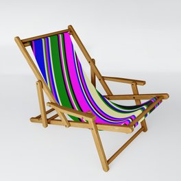 [ Thumbnail: Eye-catching Fuchsia, Blue, Pale Goldenrod, Green, and Black Colored Pattern of Stripes Sling Chair ]