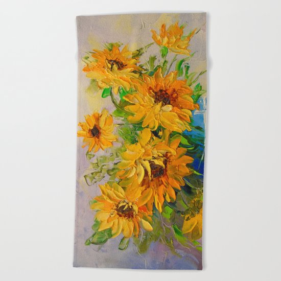 Bouquet of sunflowers in a vase Beach Towel
