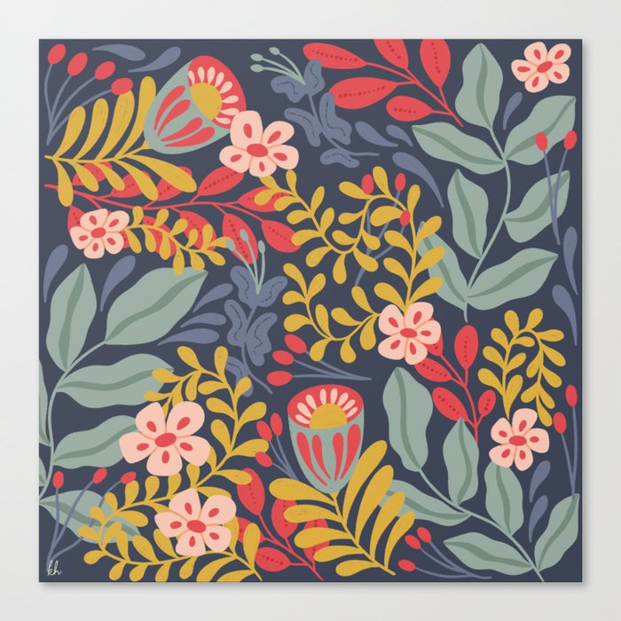 Folksy Jungle Flowers in Dusty Blue and Peach  Canvas Print