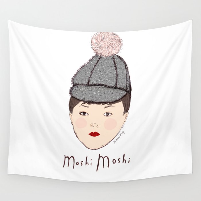 Moshi Moshi - White and Pink Wall Tapestry
