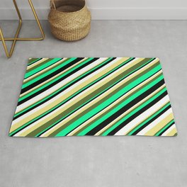 [ Thumbnail: Eyecatching Tan, Dark Olive Green, Green, Black, and White Colored Lines/Stripes Pattern Rug ]