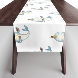 Narwhal whale with dohnut watercolor painting  Table Runner