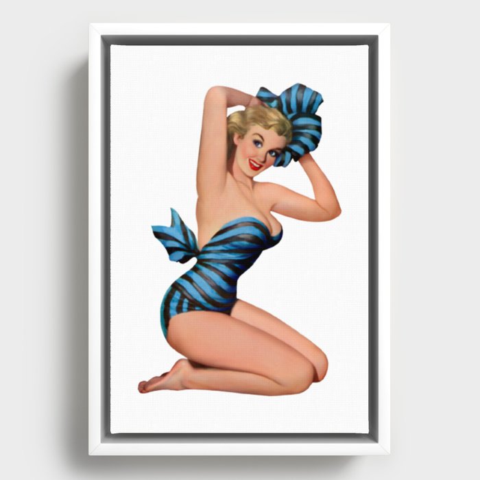 Blonde Pin Up With Black And Blue Dress And Barefoot Shoes Framed Canvas