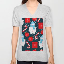 Christmas Seamless Pattern, Cute Snowman, Candy Cane, Christmas Ball and Red Gift on a Snow Background V Neck T Shirt