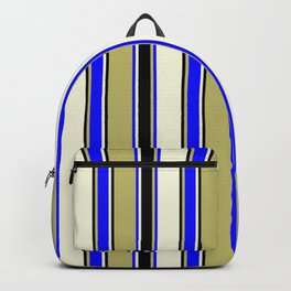 [ Thumbnail: Dark Khaki, Blue, Beige, and Black Colored Stripes/Lines Pattern Backpack ]