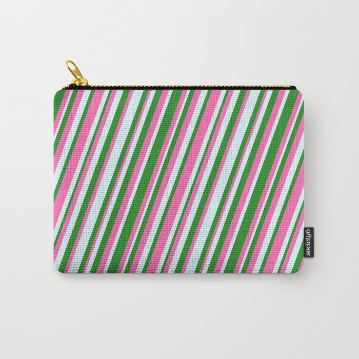 Forest Green, Hot Pink, and Light Cyan Colored Stripes/Lines Pattern Carry-All Pouch