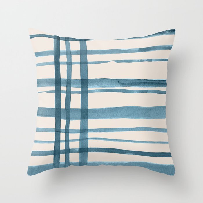 Watercolor Stripes in Blue on Tan Throw Pillow
