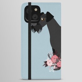 Black Schnauzer and Flowers Dog Blue iPhone Wallet Case