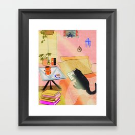 Well-Read Coffee Cat Framed Art Print