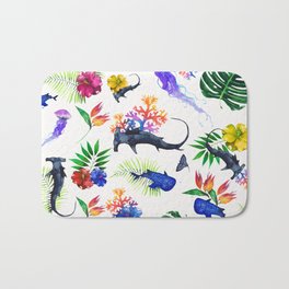 tropical shark pattern Bath Mat | Tropical, Whaleshark, Aloha, Summer, Flowers, Pattern, Illustration, Jellyfish, Digital, Mantaray 