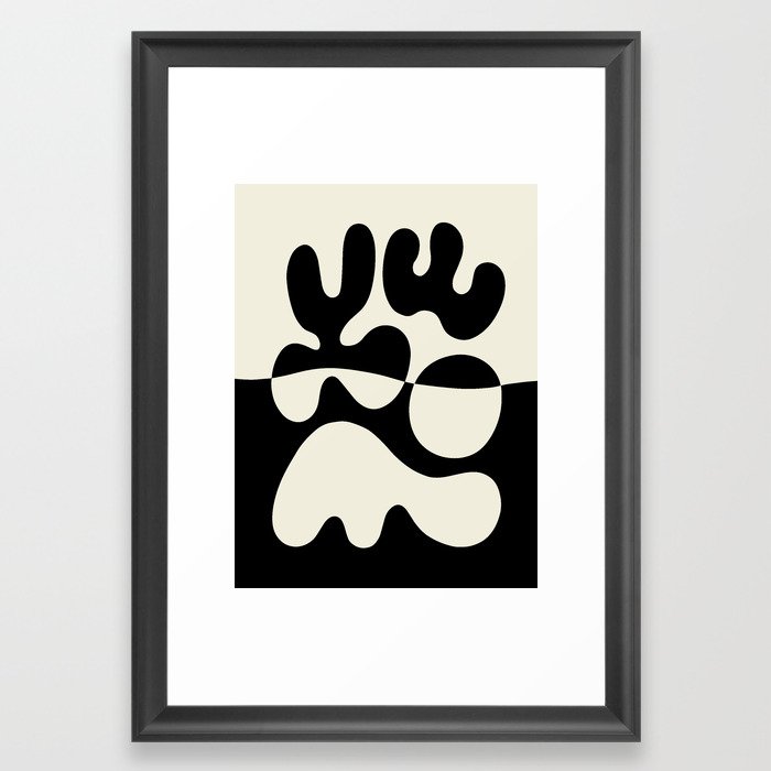 Mid Century Modern Organic Abstraction 235 Black and Ivory White Framed Art Print