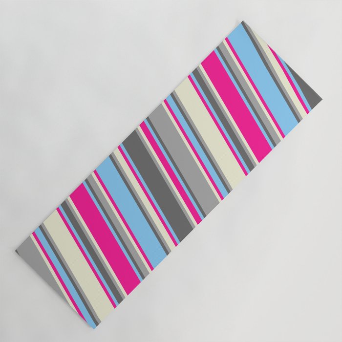 Colorful Light Sky Blue, Dim Grey, Dark Grey, Beige, and Deep Pink Colored Pattern of Stripes Yoga Mat