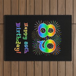 [ Thumbnail: 89th Birthday - Fun Rainbow Spectrum Gradient Pattern Text, Bursting Fireworks Inspired Background Outdoor Rug ]