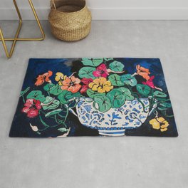 Nasturtium Bouquet in Chinoiserie Bowl on Dark Blue Floral Still Life Painting Area & Throw Rug