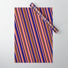 [ Thumbnail: Blue, Brown & Salmon Colored Stripes Pattern Wrapping Paper ]