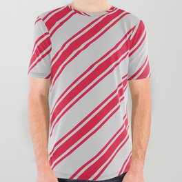 [ Thumbnail: Light Grey & Crimson Colored Striped Pattern All Over Graphic Tee ]