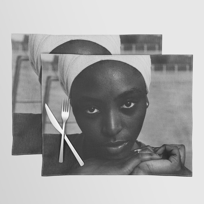 African American candid female form woman in turban black and white photograph / black and white photography Placemat