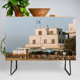 Sunset over Greek Town on the Sea | Summer Travel Photography in Greece | Building on the Seaside with Greek Flag Credenza