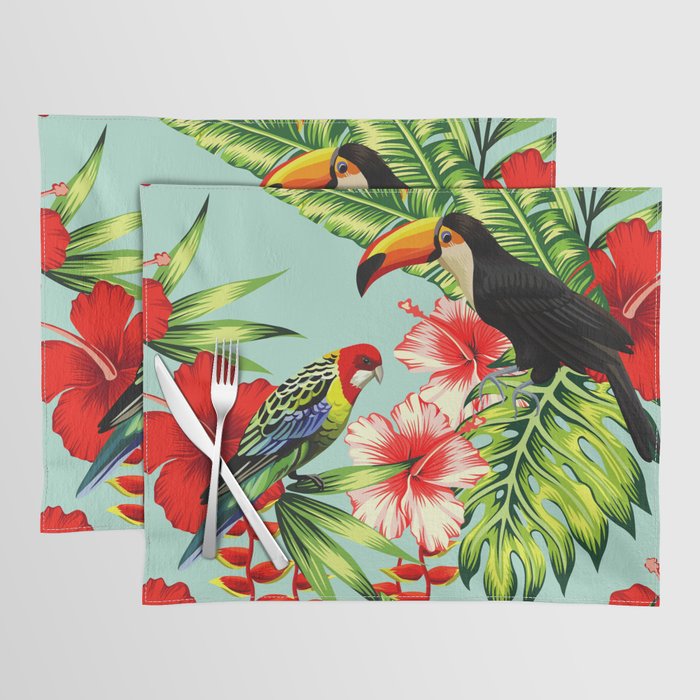 tropic bird toucan multicolor parrot background exotic flower hibiscus palm leaf summer floral plant nature animals wallpaper pattern Placemat