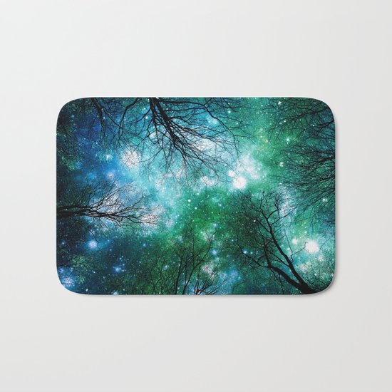 Black Trees Teal Green Space Bath Mat